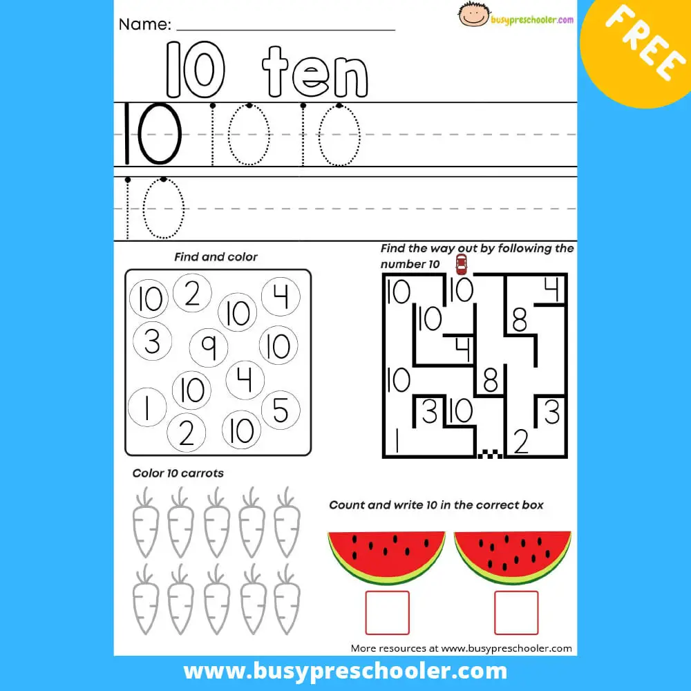 LEARNING THE NUMBER 10 WORKSHEET BusyPreschooler com